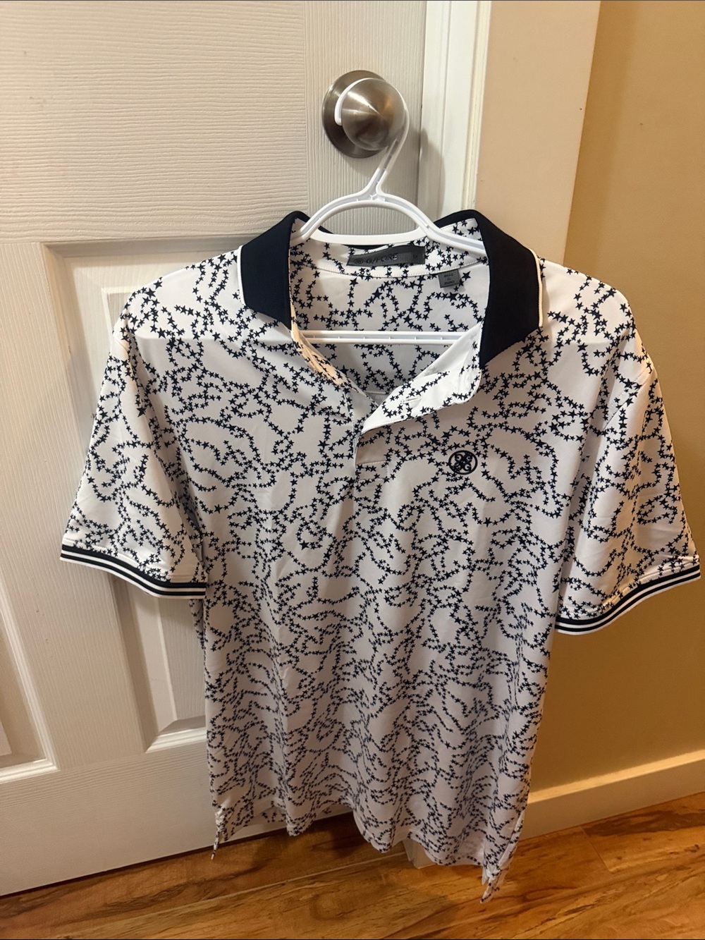 G/FORE White Polo with Navy Dot-Pattern and Navy Collar